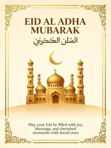 A gold-toned Eid al-Adha (Festival of Sacrifice) greeting card poster featuring a golden mosque and crescent moon in the center, with "EID AL ADHA MUBARAK" written above and English holiday wishes below.