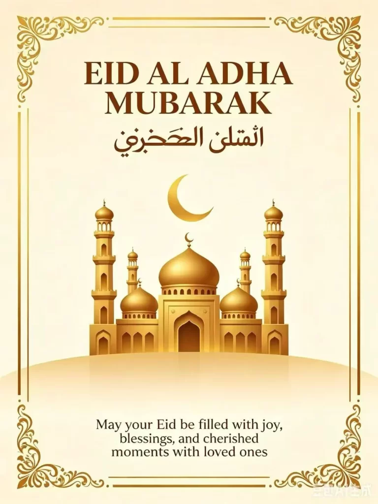 A gold-toned Eid al-Adha (Festival of Sacrifice) greeting card poster featuring a golden mosque and crescent moon in the center, with "EID AL ADHA MUBARAK" written above and English holiday wishes below.